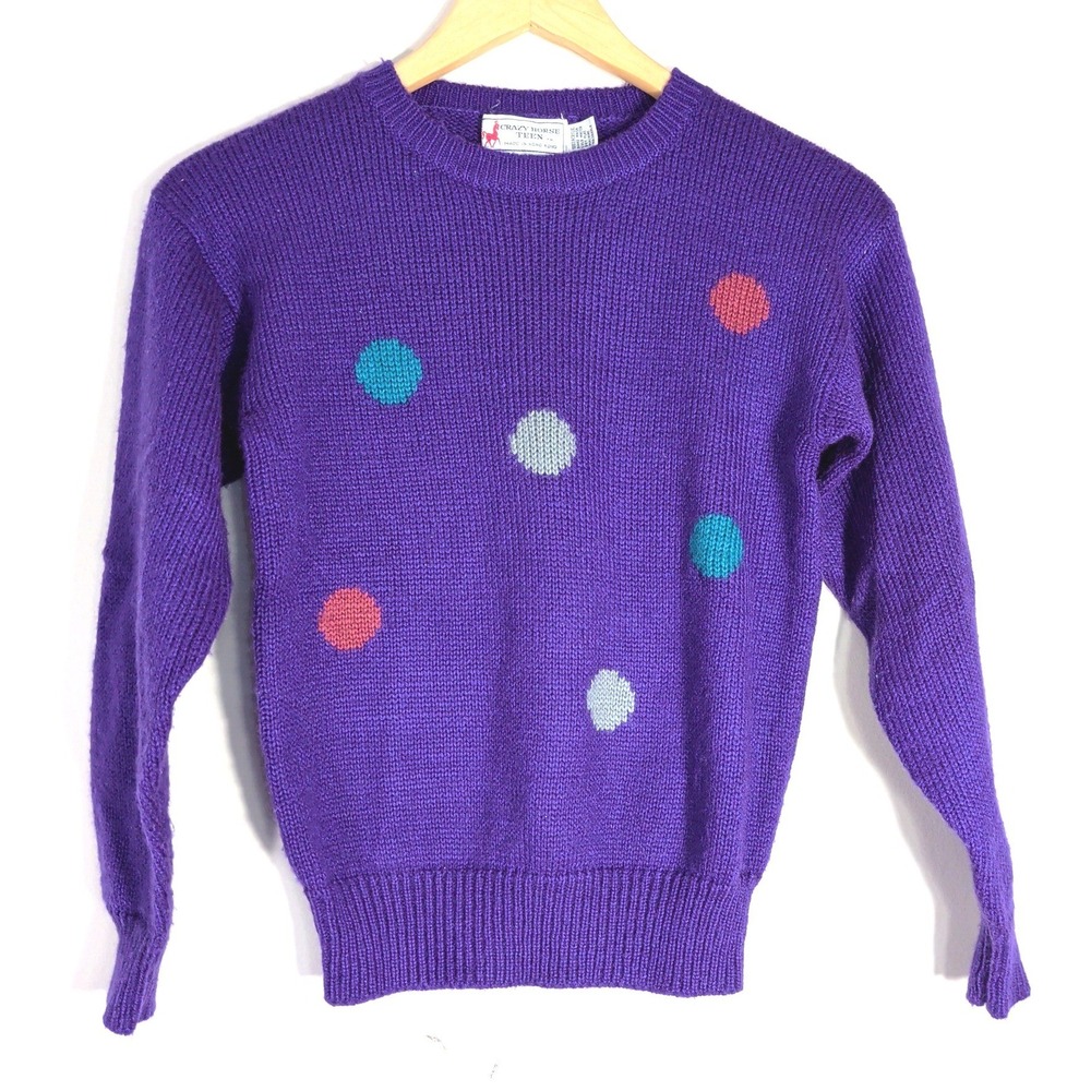 Crazy Horse Purple Polka Dot Sweater; Vintage Crew Neck Knit Pullover